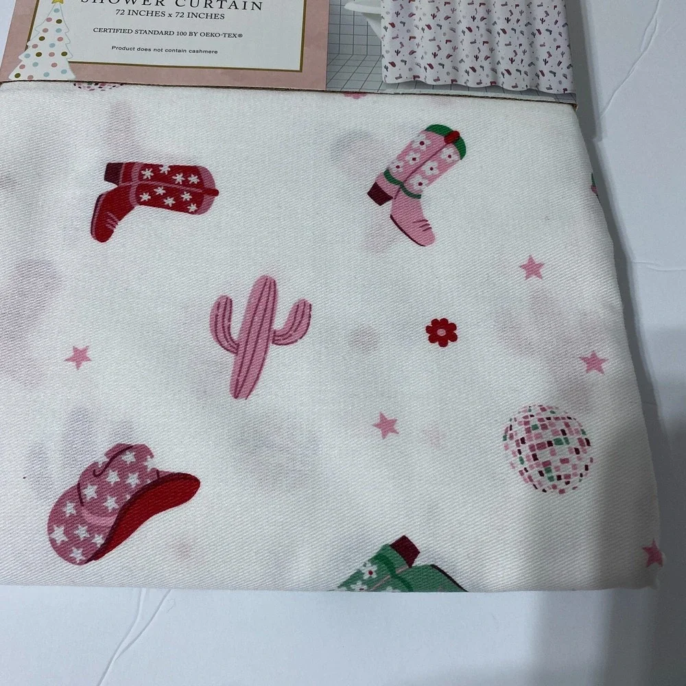 Cupcakes And Cashmere Christmas Shower Curtain Pink Preppy Western Boot Cowgirl